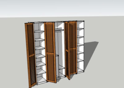 Dessin d'un dressing avec portes coulissantes persiennes et tiroirs