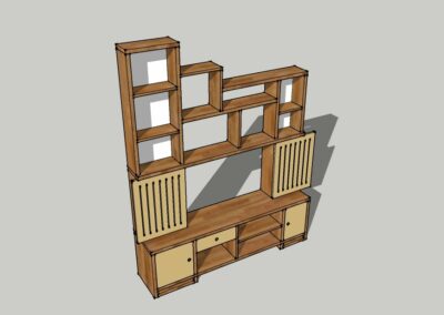 Dessin d'un meuble bibliothèque et télévision avec portes coulissantes