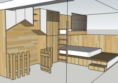 Dessin d'une chambre pour enfant avec lit maison et faux jardin