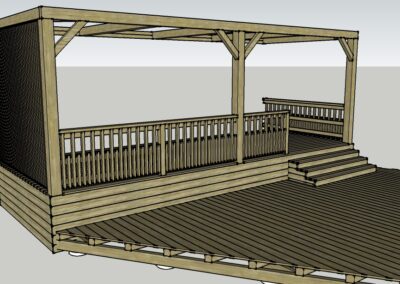 Dessin d'une terrasse sur 2 niveaux avec espace pour jacuzzi, pergola