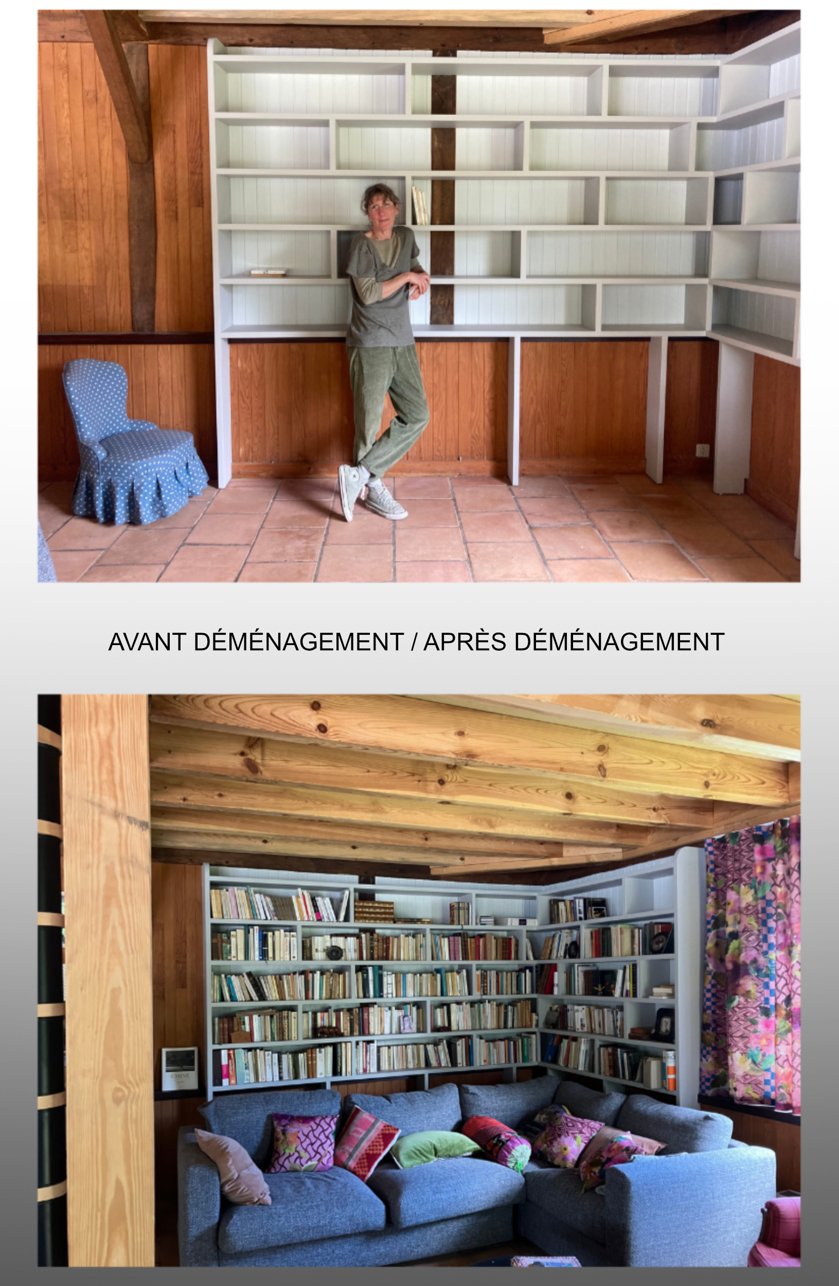 Bibliothèque sur mesure en medium peint dans bergerie à Capbreton